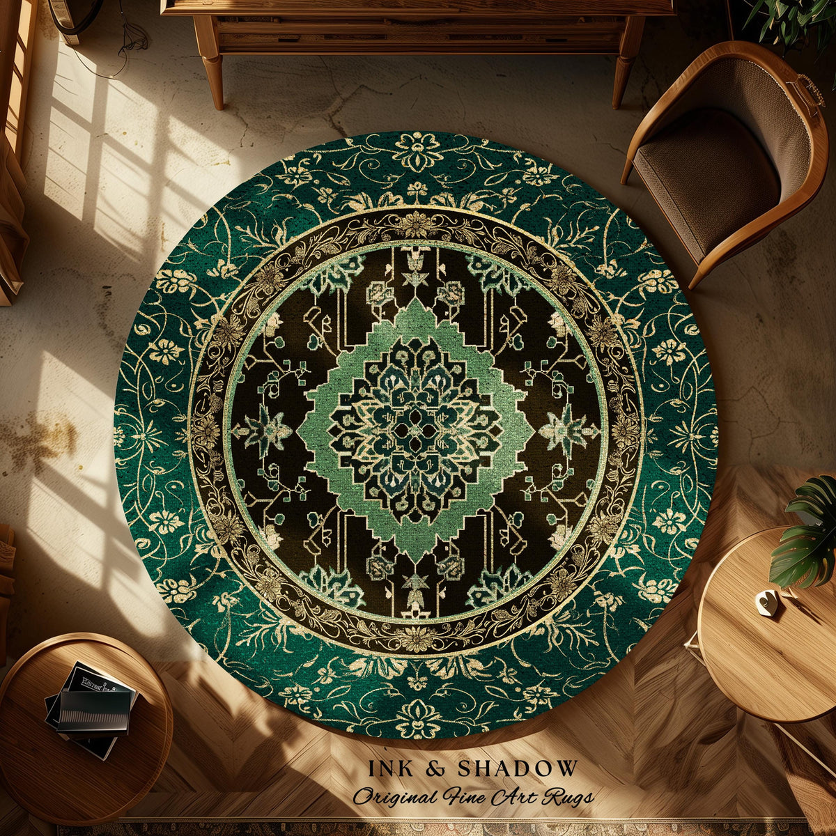 Dark Academia Emerald Round Statement Rug | Reading Nook Cozy Floor Rug Ornate Rug with Blue Green Detail Cottagecore Victorian Gothic Decor