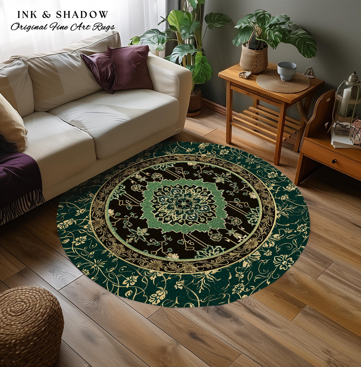 Dark Academia Emerald Round Statement Rug | Reading Nook Cozy Floor Rug Ornate Rug with Blue Green Detail Cottagecore Victorian Gothic Decor