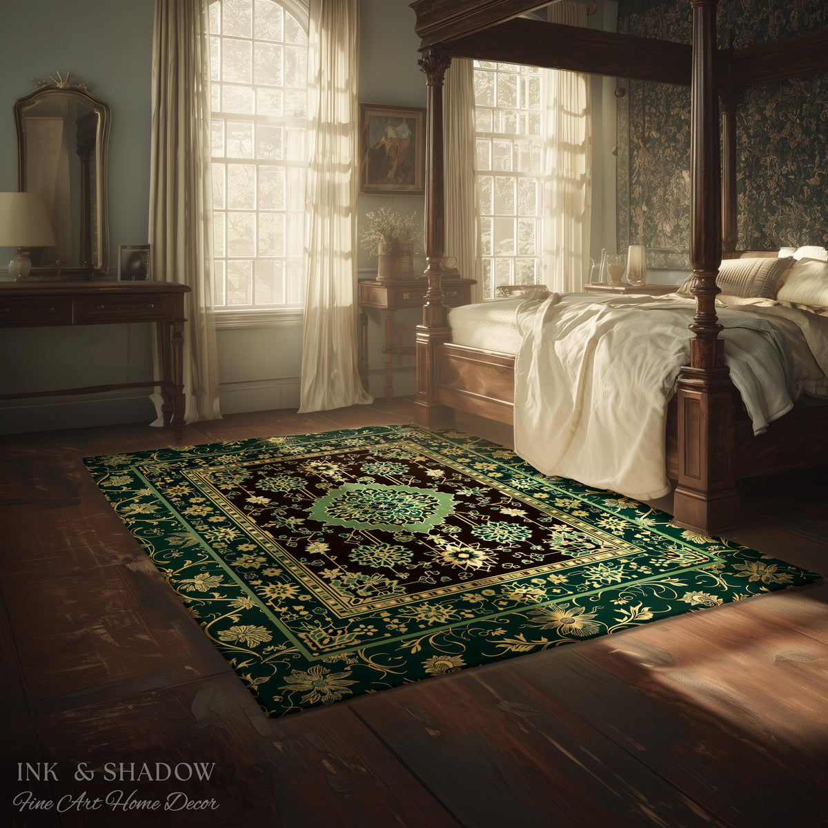 Dark Academia Emerald Round Statement Rug | Reading Nook Cozy Floor Rug Ornate Rug with Blue Green Detail Cottagecore Victorian Gothic Decor
