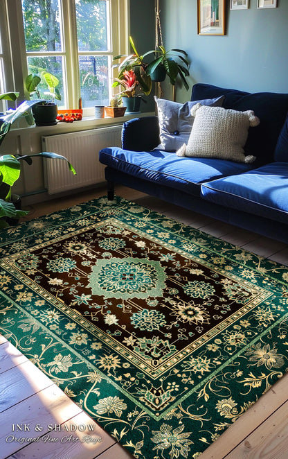 Dark Academia Emerald Round Statement Rug | Reading Nook Cozy Floor Rug Ornate Rug with Blue Green Detail Cottagecore Victorian Gothic Decor