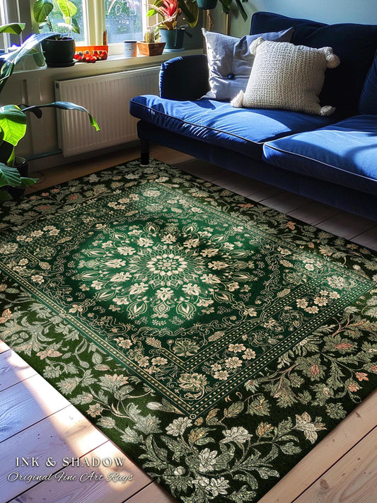 Mystic Dark Green Ornate Area Rug | Traditional Design Accent Rug Deep Emerald Living Room Baroque Gothic Dark Mystic Bedroom Decor Boho |