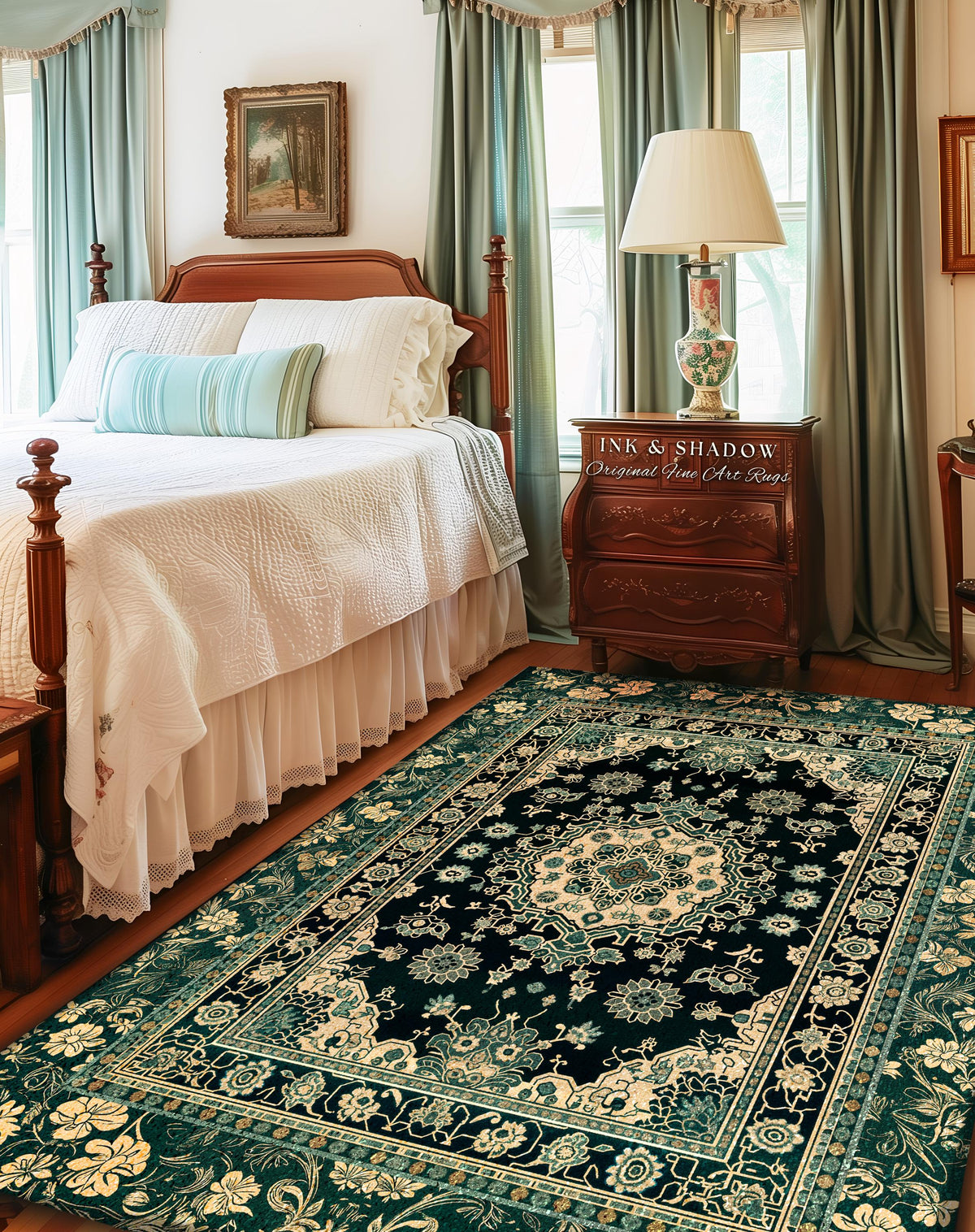 Victorian Gothic Bedroom Rug | Reading Nook Cozy Floor Rug Ornate Statement Rug with Blue Green Detail Cottagecore Dark Academia Aesthetic