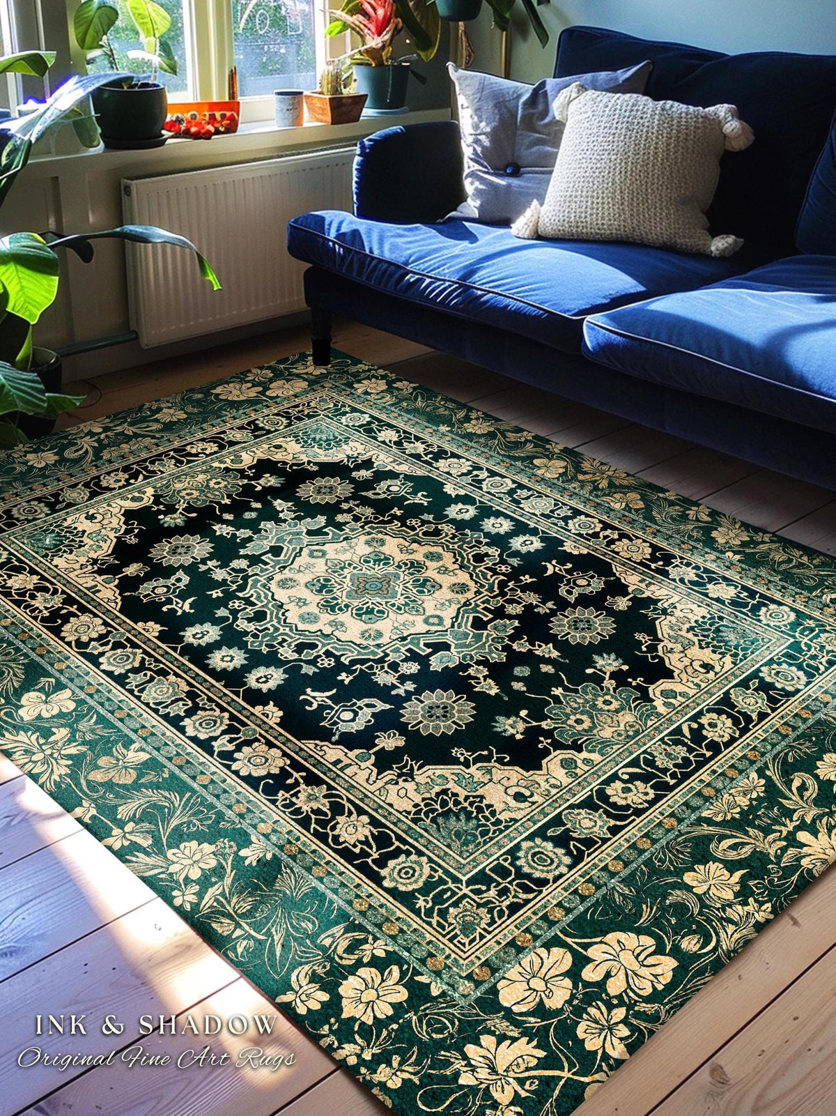 Victorian Gothic Bedroom Rug | Reading Nook Cozy Floor Rug Ornate Statement Rug with Blue Green Detail Cottagecore Dark Academia Aesthetic