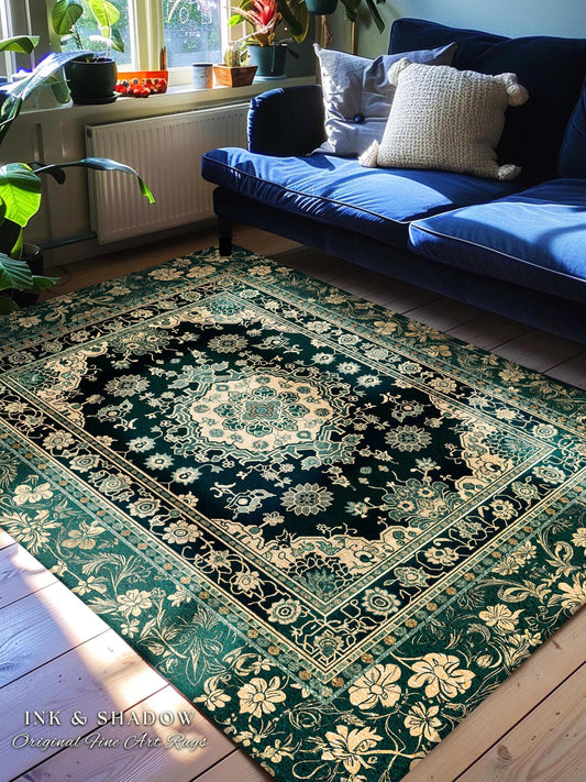 Victorian Gothic Bedroom Rug | Reading Nook Cozy Floor Rug Ornate Statement Rug with Blue Green Detail Cottagecore Dark Academia Aesthetic