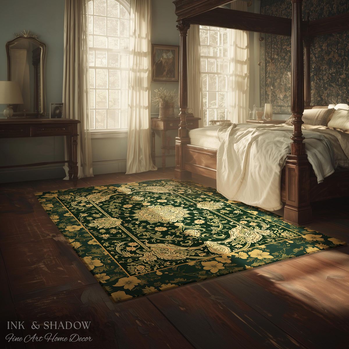 Victorian Botanical Medallion Emerald Green Rug Antique Rose Gold Floral Art Nuevo Accents, Vintage Cottagecore Elegant Persian Home Charm