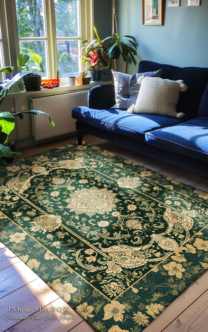 Victorian Botanical Medallion Emerald Green Rug Antique Rose Gold Floral Art Nuevo Accents, Vintage Cottagecore Elegant Persian Home Charm