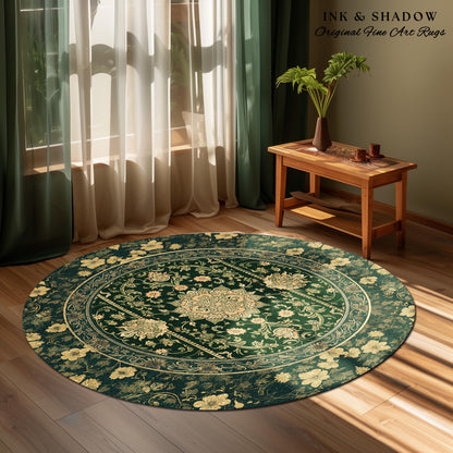 Victorian Botanical Medallion Emerald Green Rug Antique Rose Gold Floral Art Nuevo Accents, Vintage Cottagecore Elegant Persian Home Charm