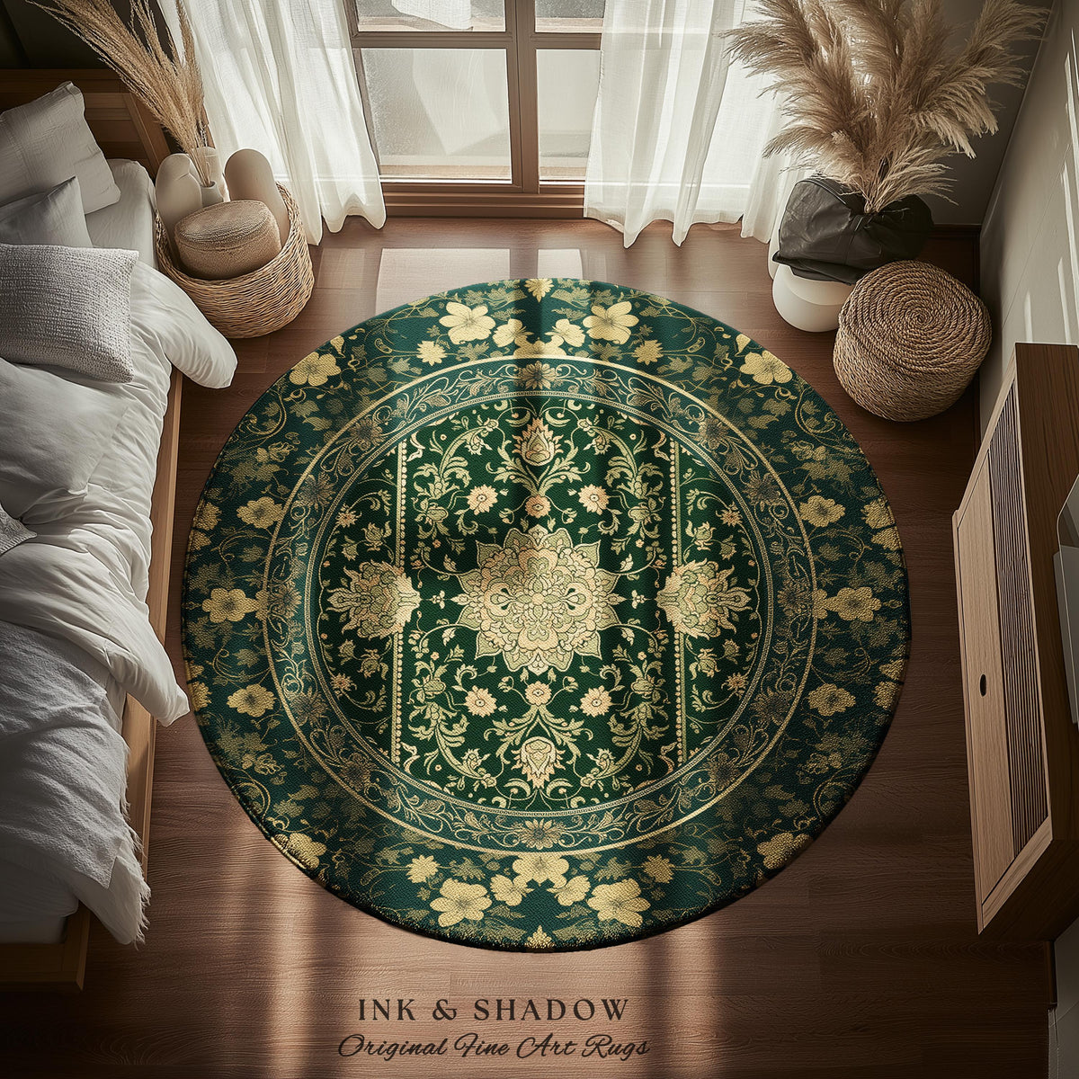 Victorian Botanical Medallion Emerald Green Rug Antique Rose Gold Floral Art Nuevo Accents, Vintage Cottagecore Elegant Persian Home Charm