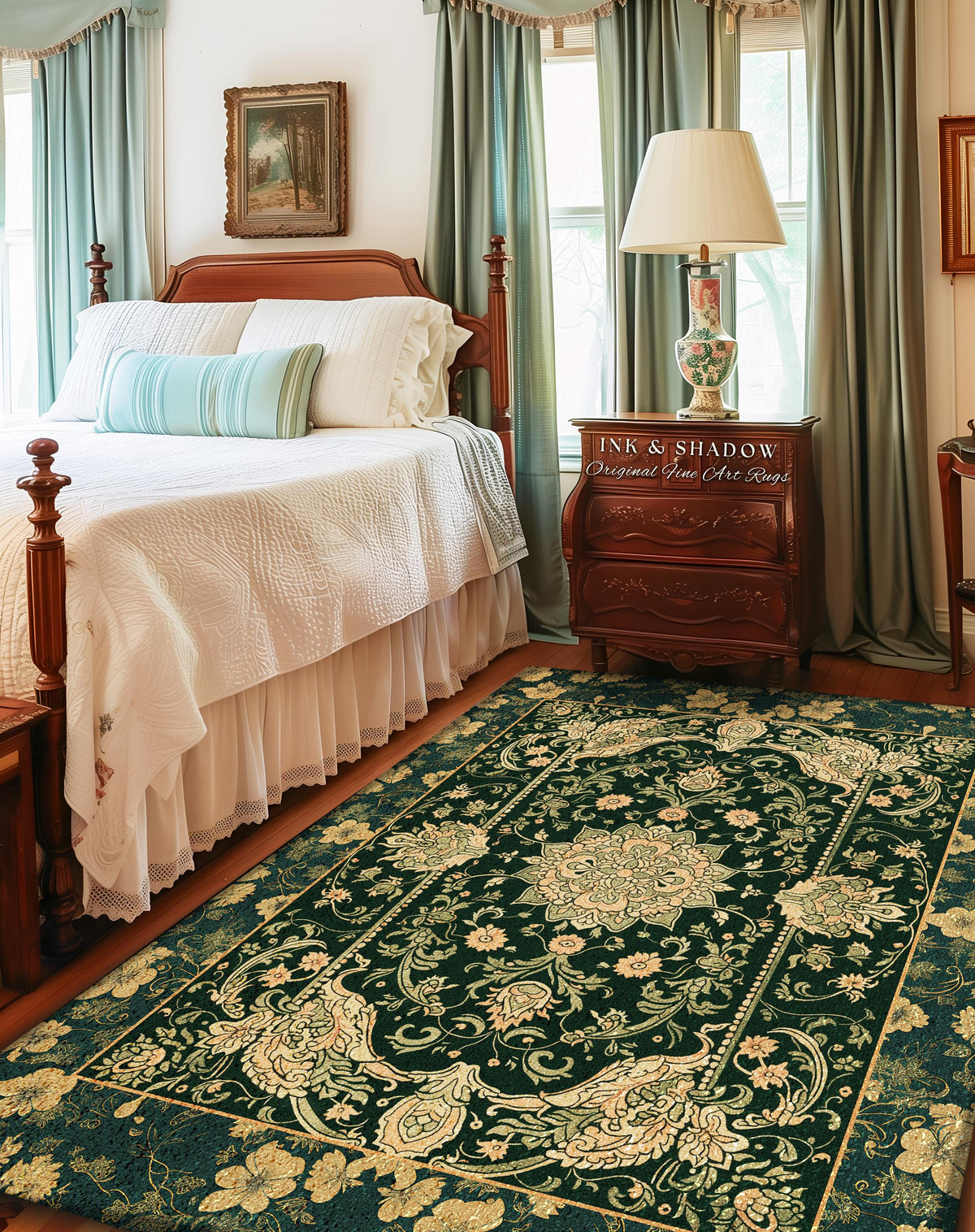 Victorian Botanical Medallion Emerald Green Rug Antique Rose Gold Floral Art Nuevo Accents, Vintage Cottagecore Elegant Persian Home Charm
