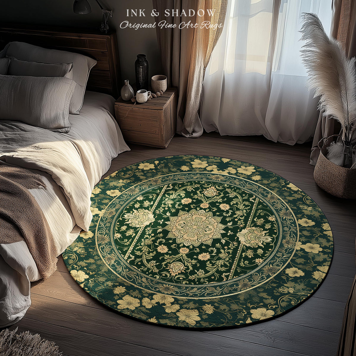 Victorian Botanical Medallion Emerald Green Rug Antique Rose Gold Floral Art Nuevo Accents, Vintage Cottagecore Elegant Persian Home Charm