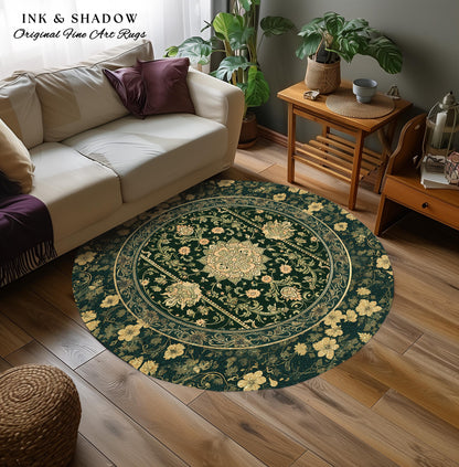 Victorian Botanical Medallion Emerald Green Rug Antique Rose Gold Floral Art Nuevo Accents, Vintage Cottagecore Elegant Persian Home Charm
