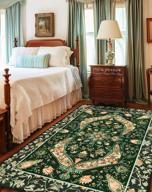 Elegant Sea Green Area Rug | Classic Ornate Statement Rug with Fine Emerald Green Detail Peachy Accent Bohemian Aesthetic for Cozy Bedroom |