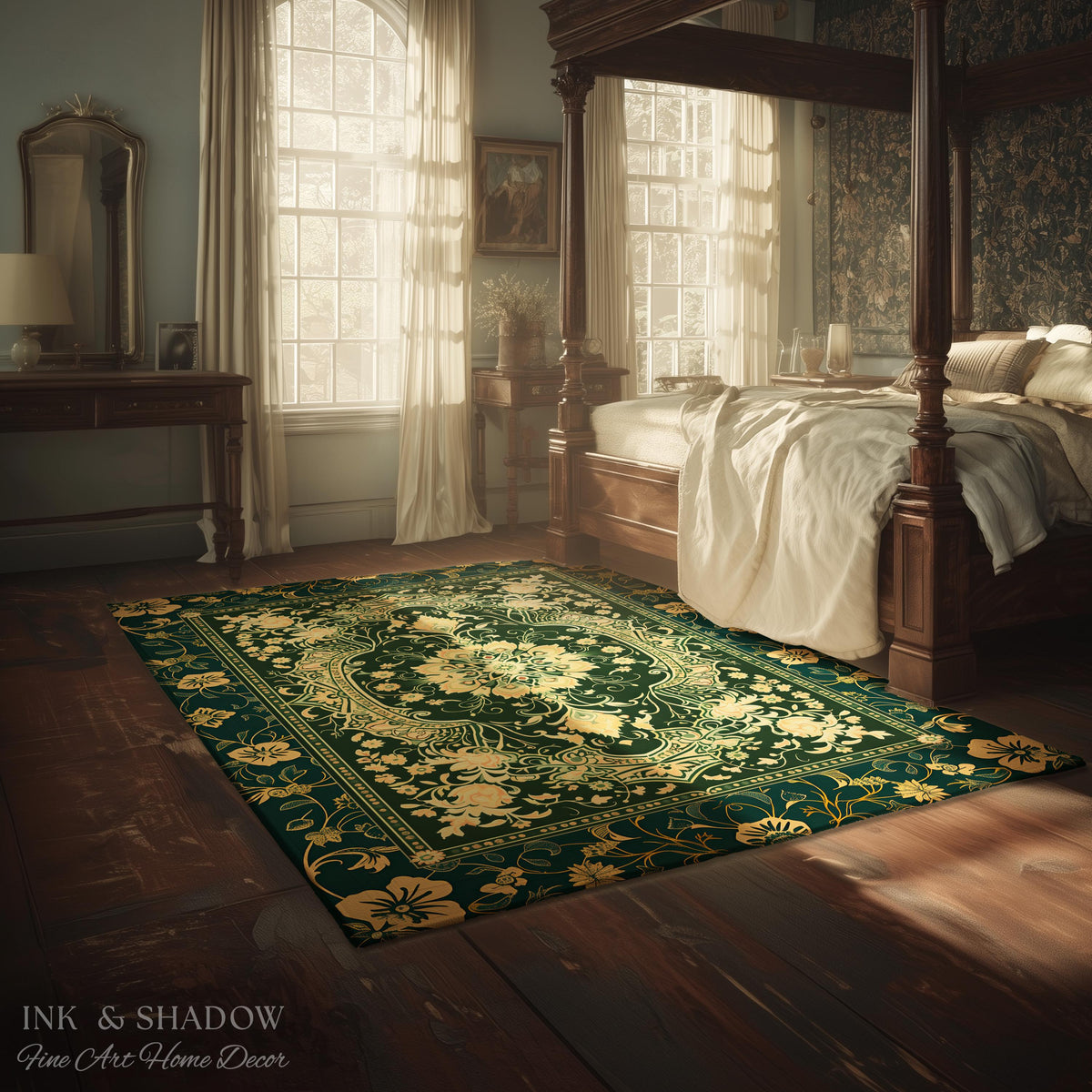 Classical Victorian Green Accent Rug | Vibrant Colors Forest Green Area Rug Floral Elegance Ornate Bohemian Style Baroque Emerald Green |