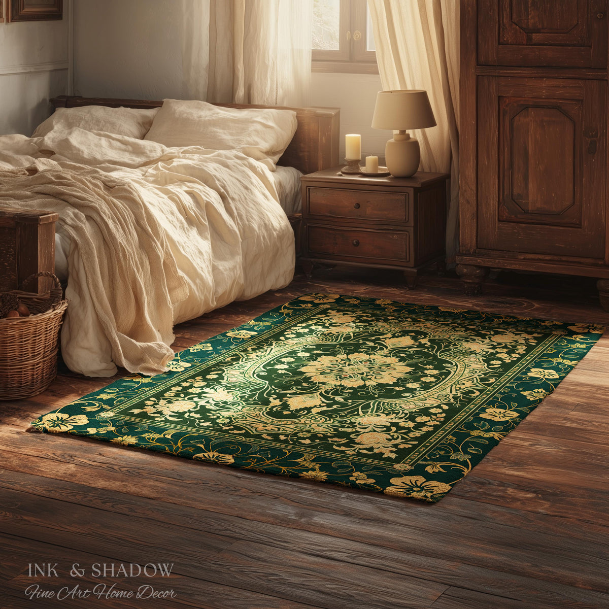 Classical Victorian Green Accent Rug | Vibrant Colors Forest Green Area Rug Floral Elegance Ornate Bohemian Style Baroque Emerald Green |
