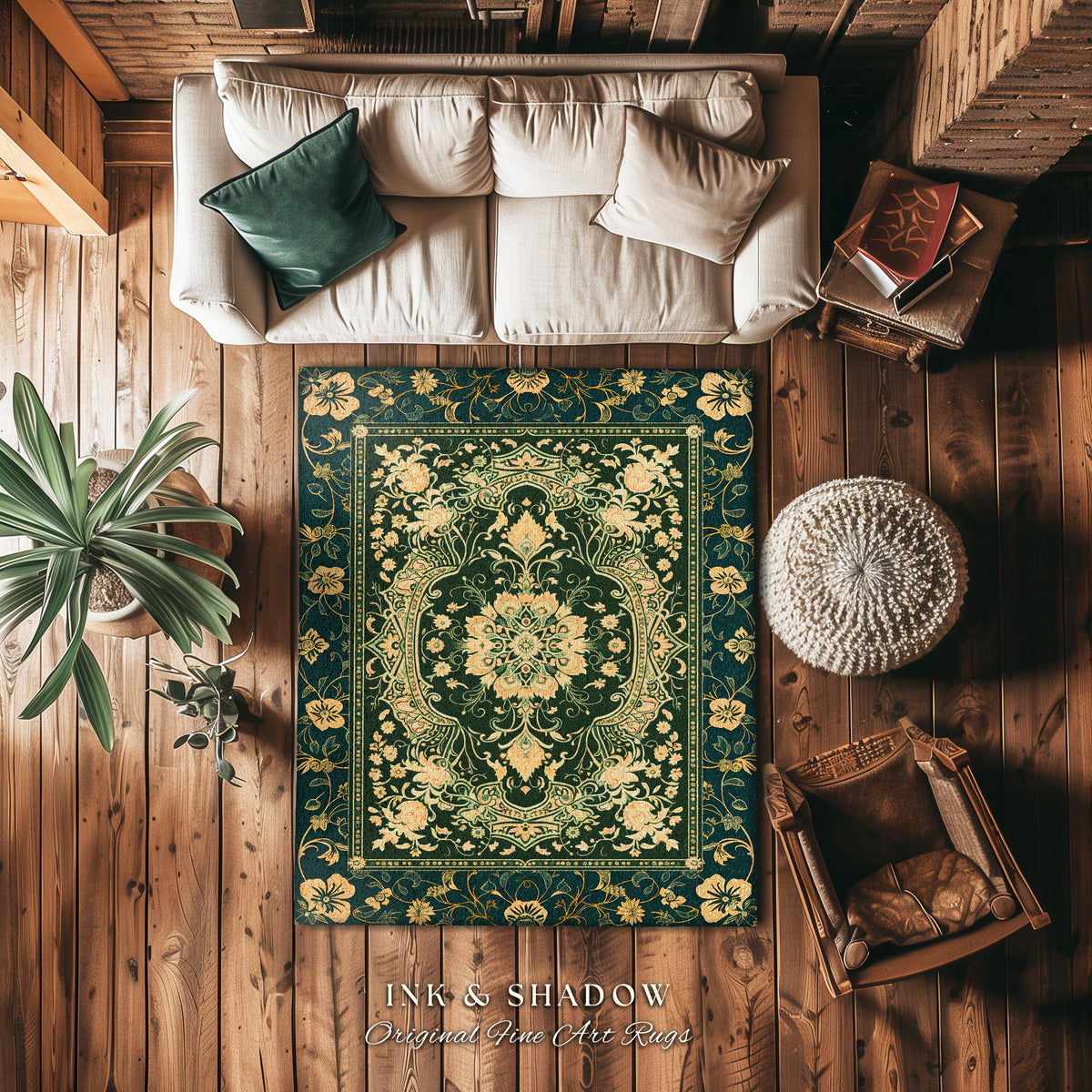 Classical Victorian Green Accent Rug | Vibrant Colors Forest Green Area Rug Floral Elegance Ornate Bohemian Style Baroque Emerald Green |