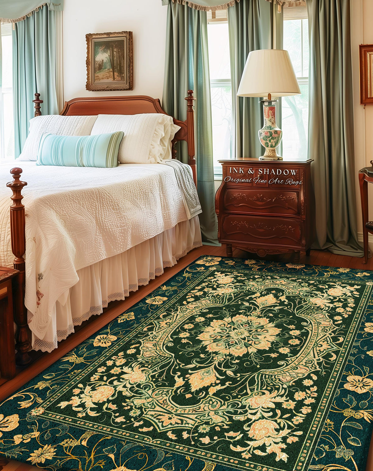 Classical Victorian Green Accent Rug | Vibrant Colors Forest Green Area Rug Floral Elegance Ornate Bohemian Style Baroque Emerald Green |