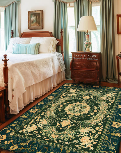 Classical Victorian Green Accent Rug | Vibrant Colors Forest Green Area Rug Floral Elegance Ornate Bohemian Style Baroque Emerald Green |