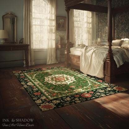 Jade Green Statement Rug | Classic Ornate Victorian Rug with Green Detail Peachy Accent Bohemian Aesthetic for Cozy Reading Nook Boho Design