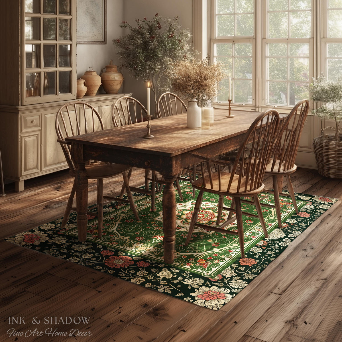 Jade Green Statement Rug | Classic Ornate Victorian Rug with Green Detail Peachy Accent Bohemian Aesthetic for Cozy Reading Nook Boho Design