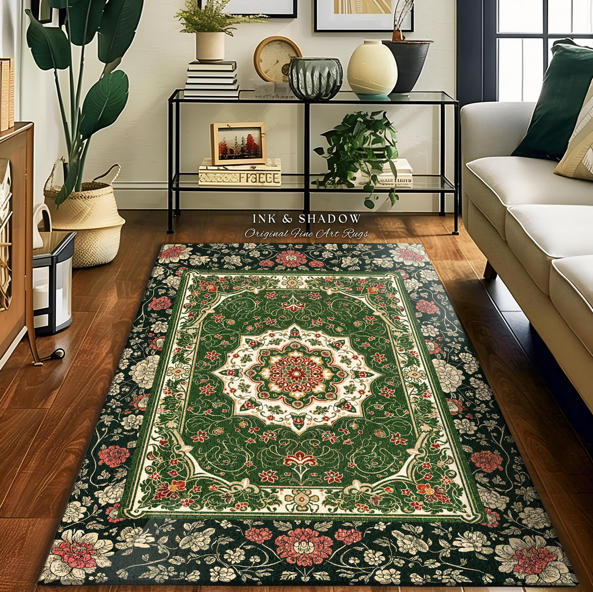 Jade Green Statement Rug | Classic Ornate Victorian Rug with Green Detail Peachy Accent Bohemian Aesthetic for Cozy Reading Nook Boho Design