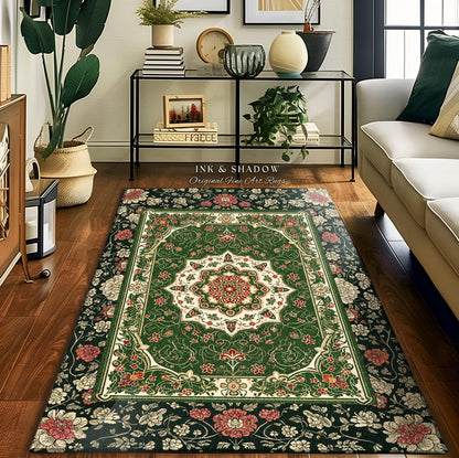 Jade Green Statement Rug | Classic Ornate Victorian Rug with Green Detail Peachy Accent Bohemian Aesthetic for Cozy Reading Nook Boho Design