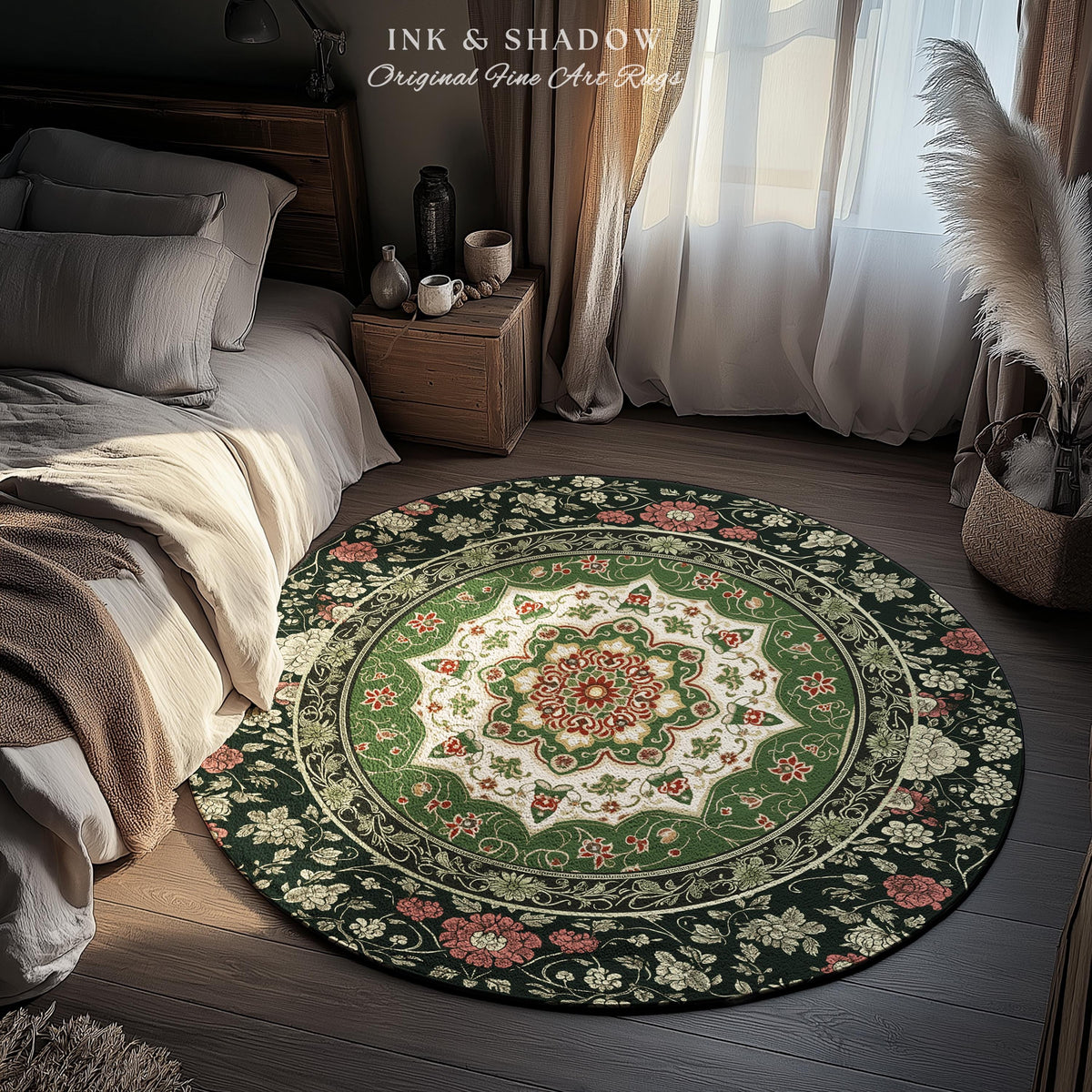 Jade Green Statement Rug | Classic Ornate Victorian Rug with Green Detail Peachy Accent Bohemian Aesthetic for Cozy Reading Nook Boho Design