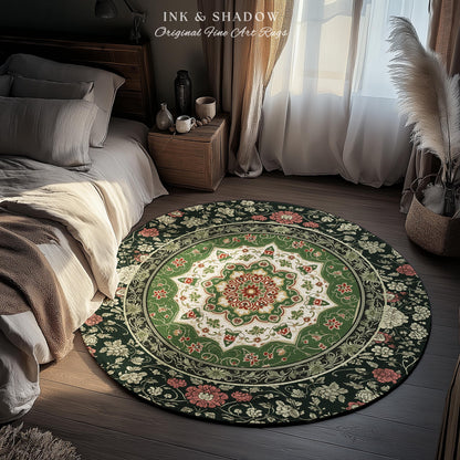 Jade Green Statement Rug | Classic Ornate Victorian Rug with Green Detail Peachy Accent Bohemian Aesthetic for Cozy Reading Nook Boho Design
