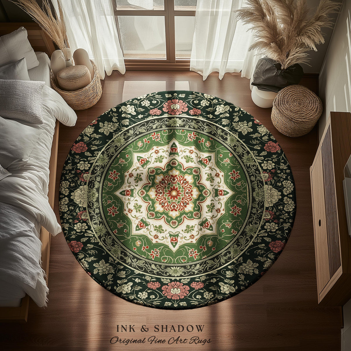 Jade Green Statement Rug | Classic Ornate Victorian Rug with Green Detail Peachy Accent Bohemian Aesthetic for Cozy Reading Nook Boho Design