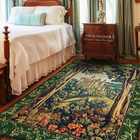 May include: A rectangular area rug with a forest and castle design. The rug features a green border with floral patterns. The central image depicts a forest scene with a castle, trees, and a pathway. The rug is placed in a bedroom setting.