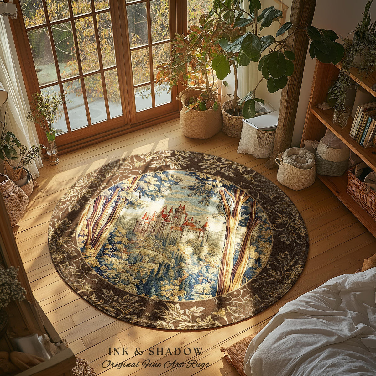 May include: A round rug featuring a castle scene within a forest, framed by trees and a dark brown floral border. The rug has a vintage aesthetic, with the text "INK & SHADOW Original Fine Art Rugs" at the bottom.