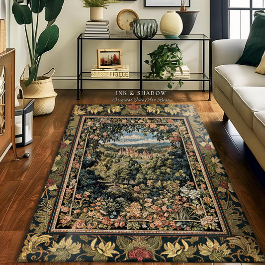 May include: A rectangular area rug with a detailed floral and landscape design. The rug features a central scene of a castle and trees, framed by a border of flowers and foliage. The text "INK & SHADOW Original Fine Art Rugs" is visible.