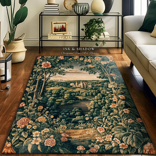 May include: A rectangular area rug featuring a scenic landscape with a castle, trees, and a path. The rug has a dark background with floral accents in shades of peach and cream. The text "INK & SHADOW Original Fine Art Rugs" is visible.
