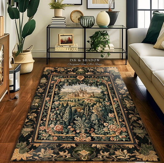 May include: Rectangular area rug with a detailed floral border and a central landscape scene featuring a castle. The rug has a dark background with green, beige, and gold accents. The text "INK & SHADOW Original Fine Art Rugs" is visible.