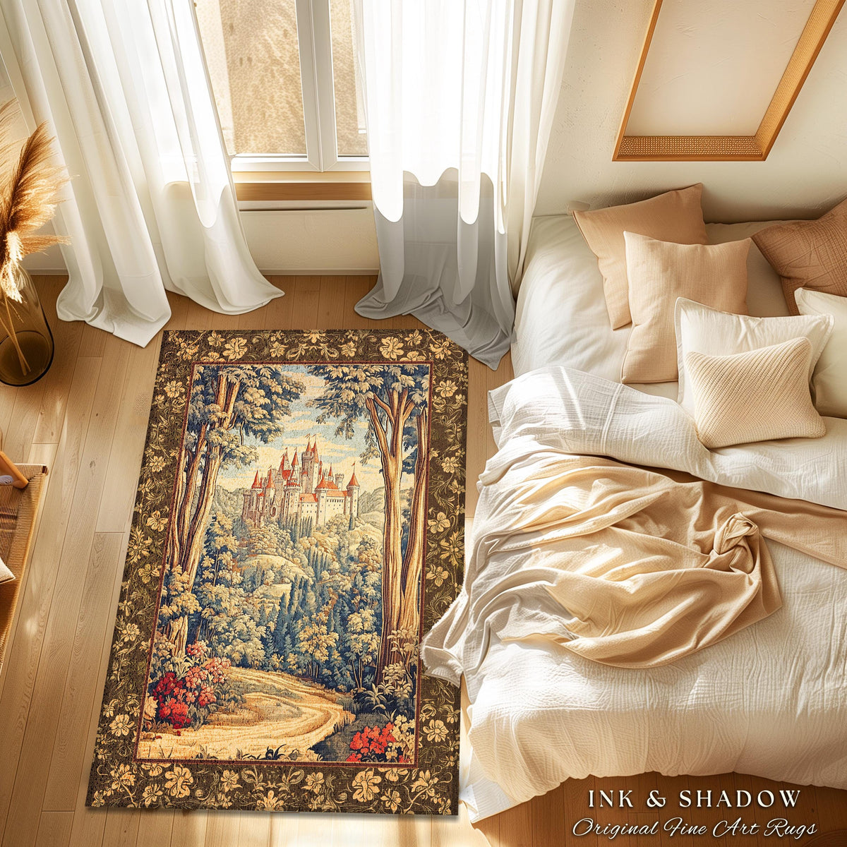 Book Nook Fairytale Castle Round Area Rug | Woodland Fairycore Bohemian Rug Folklore Aesthetic Magical Landscape Forestcore Dark Academia |