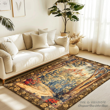 Book Nook Fairytale Castle Round Area Rug | Woodland Fairycore Bohemian Rug Folklore Aesthetic Magical Landscape Forestcore Dark Academia |