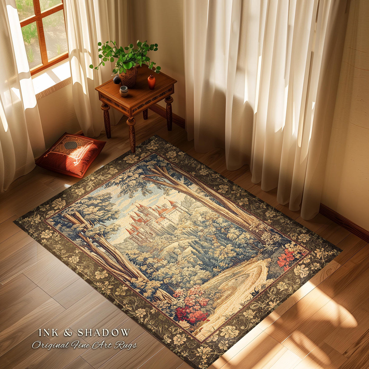 Book Nook Fairytale Castle Round Area Rug | Woodland Fairycore Bohemian Rug Folklore Aesthetic Magical Landscape Forestcore Dark Academia |
