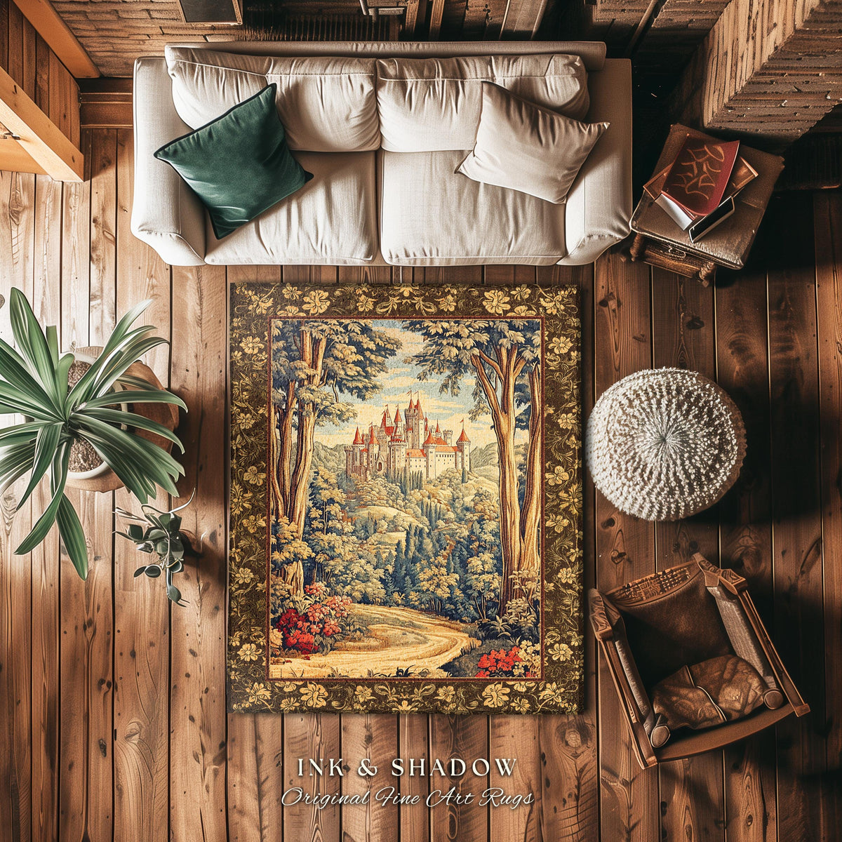 Book Nook Fairytale Castle Round Area Rug | Woodland Fairycore Bohemian Rug Folklore Aesthetic Magical Landscape Forestcore Dark Academia |