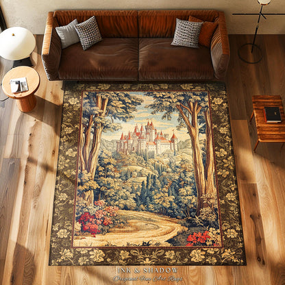 Book Nook Fairytale Castle Round Area Rug | Woodland Fairycore Bohemian Rug Folklore Aesthetic Magical Landscape Forestcore Dark Academia |