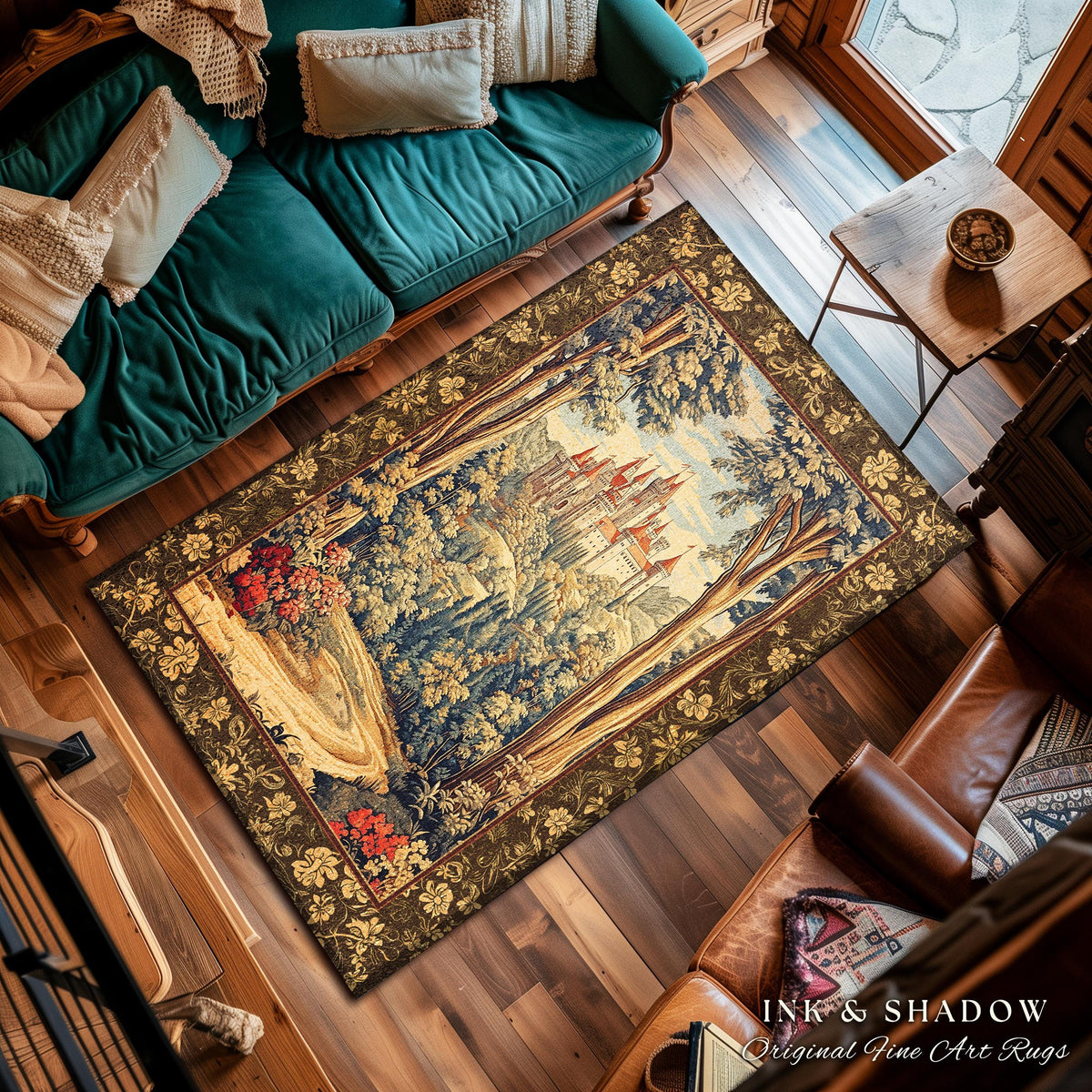 Book Nook Fairytale Castle Round Area Rug | Woodland Fairycore Bohemian Rug Folklore Aesthetic Magical Landscape Forestcore Dark Academia |