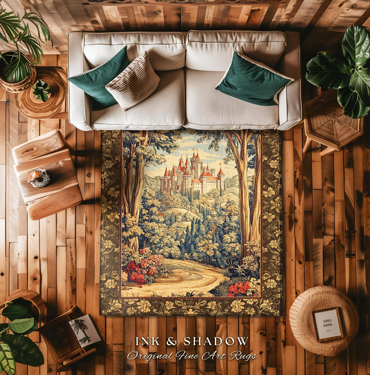 Book Nook Fairytale Castle Round Area Rug | Woodland Fairycore Bohemian Rug Folklore Aesthetic Magical Landscape Forestcore Dark Academia |