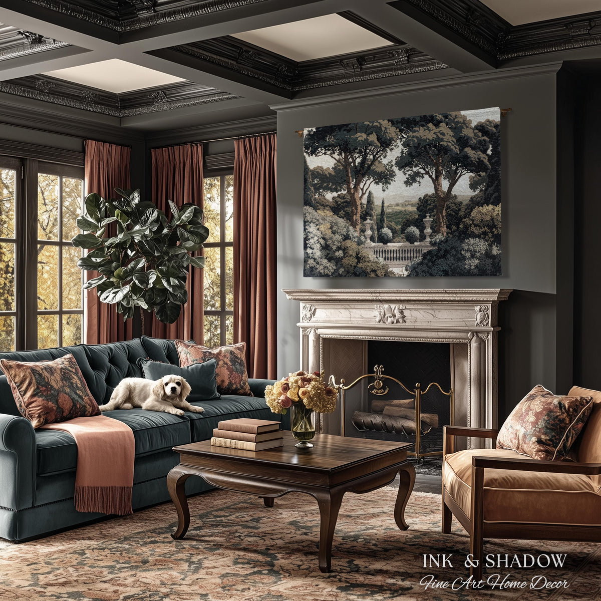 Tuscan Terrace Formal Wall Tapestry | Traditional Scenic Textile European Wall Art Neoclassical Verdure Woven Throw Blanket Classic Jacquard