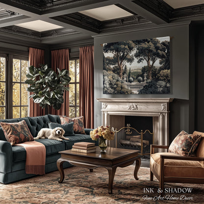 Tuscan Terrace Formal Wall Tapestry | Traditional Scenic Textile European Wall Art Neoclassical Verdure Woven Throw Blanket Classic Jacquard