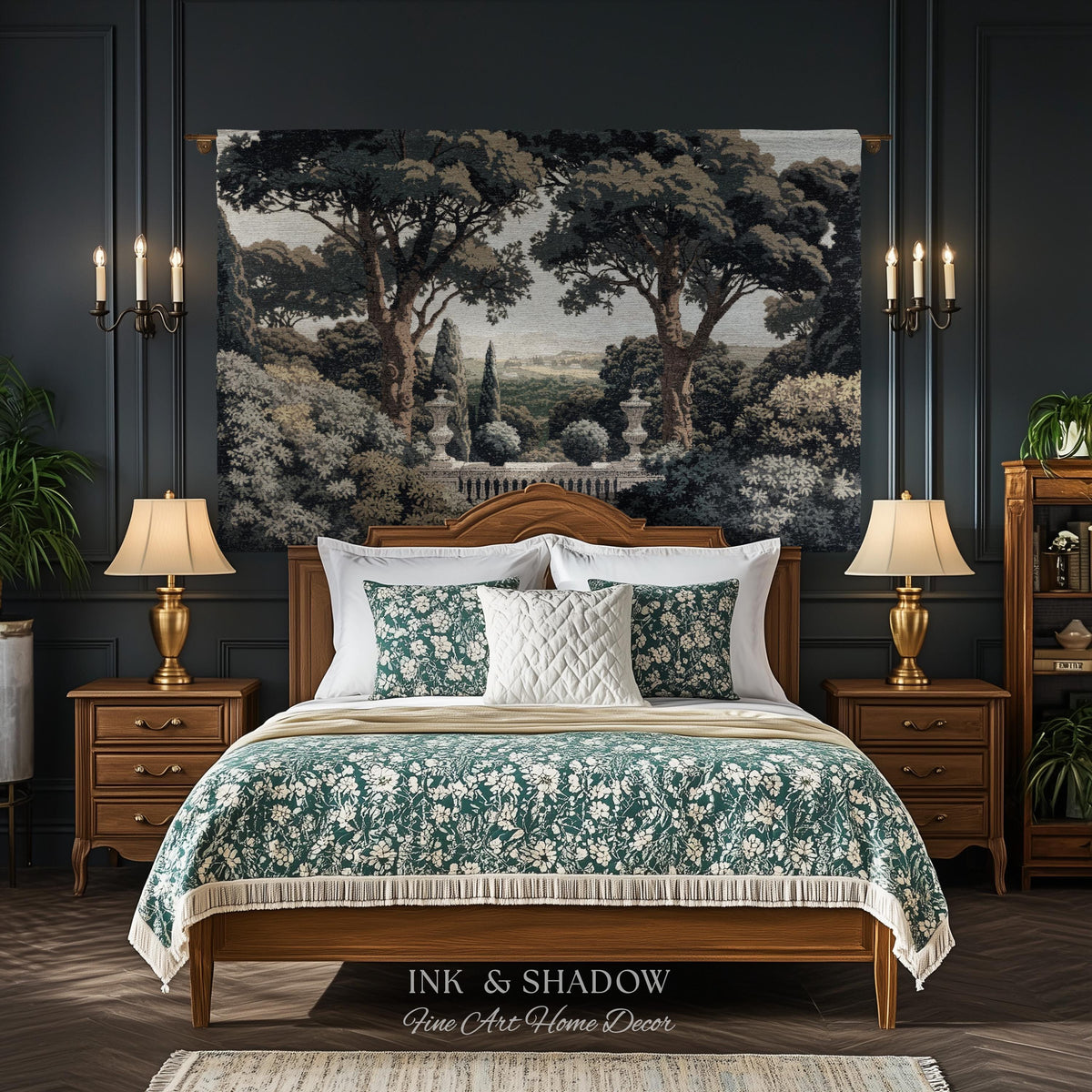 Tuscan Terrace Formal Wall Tapestry | Traditional Scenic Textile European Wall Art Neoclassical Verdure Woven Throw Blanket Classic Jacquard