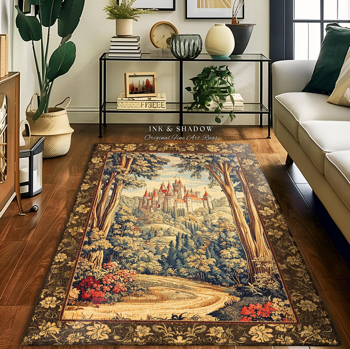 Book Nook Fairytale Castle Round Area Rug | Woodland Fairycore Bohemian Rug Folklore Aesthetic Magical Landscape Forestcore Dark Academia |