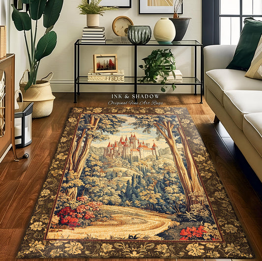 Book Nook Fairytale Castle Round Area Rug | Woodland Fairycore Bohemian Rug Folklore Aesthetic Magical Landscape Forestcore Dark Academia |