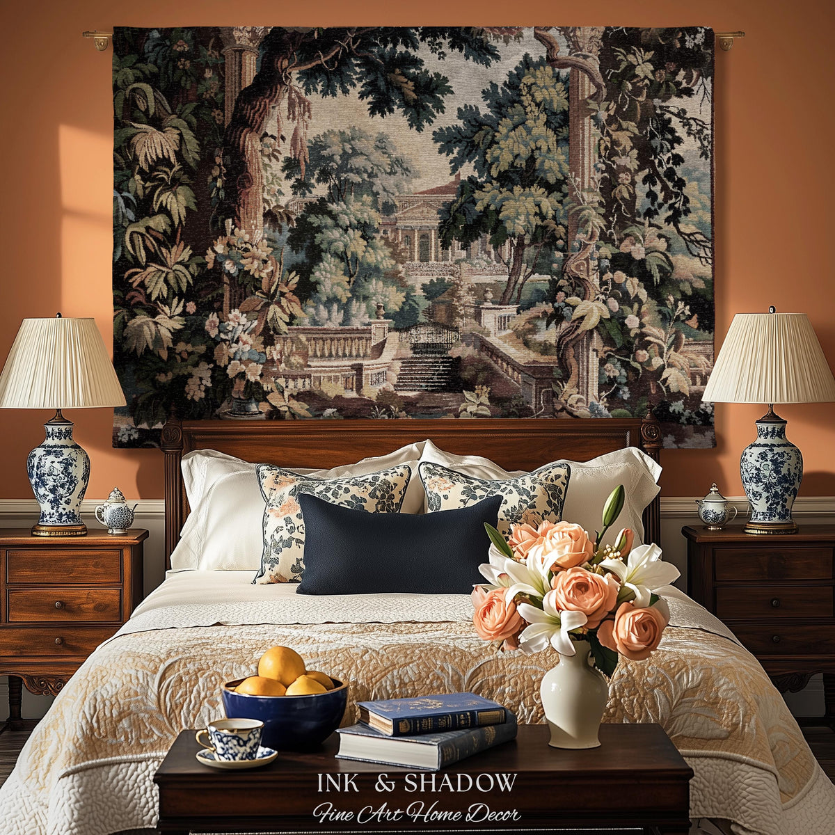 Neoclassical Estate Old World Tapestry | European Garden Formal Wall Art Lush Manor Woven Throw Blanket Italian Landscape Verdure Scenery