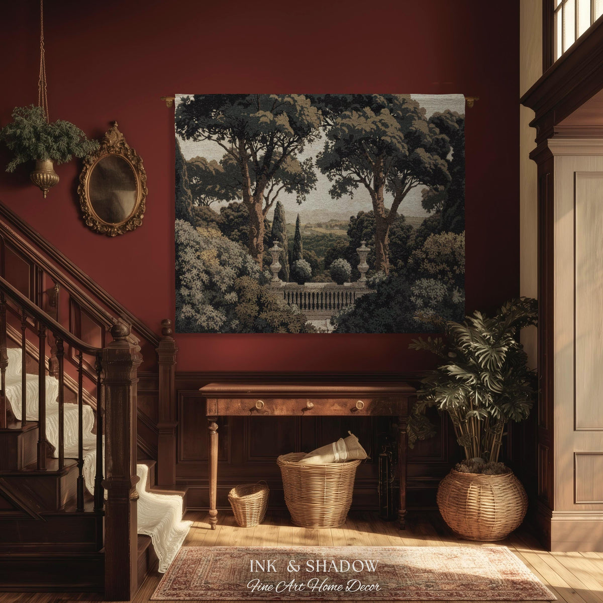 Tuscan Terrace Formal Wall Tapestry | Traditional Scenic Textile European Wall Art Neoclassical Verdure Woven Throw Blanket Classic Jacquard