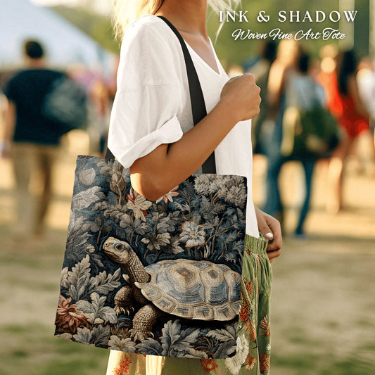 May include: A woven tote bag with a black strap and a tapestry design featuring a turtle in a garden setting. The text "INK & SHADOW Woven Fine Art Tote" is printed on the bag.