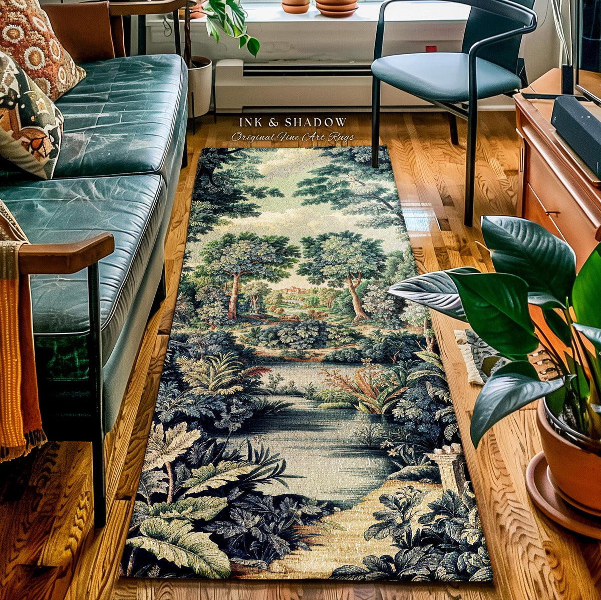 Verdure Landscape Woodland Manor River Valley Rug | Vintage Pastoral Antique Style European Countryside Classic Cottage Floor Art Accent Mat
