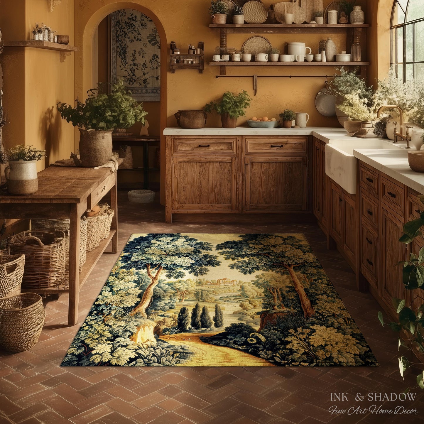 Verdure Landscape Woodland Manor River Valley Rug | Vintage Pastoral Antique Style European Countryside Classic Cottage Floor Art Accent Mat